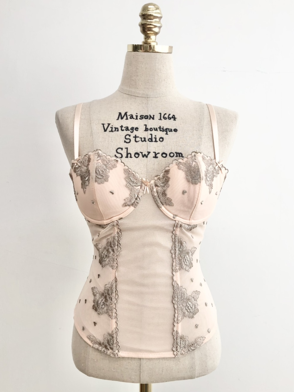 Peach Nude Color Ash Brown Embroidery Detail Corset Top 75C