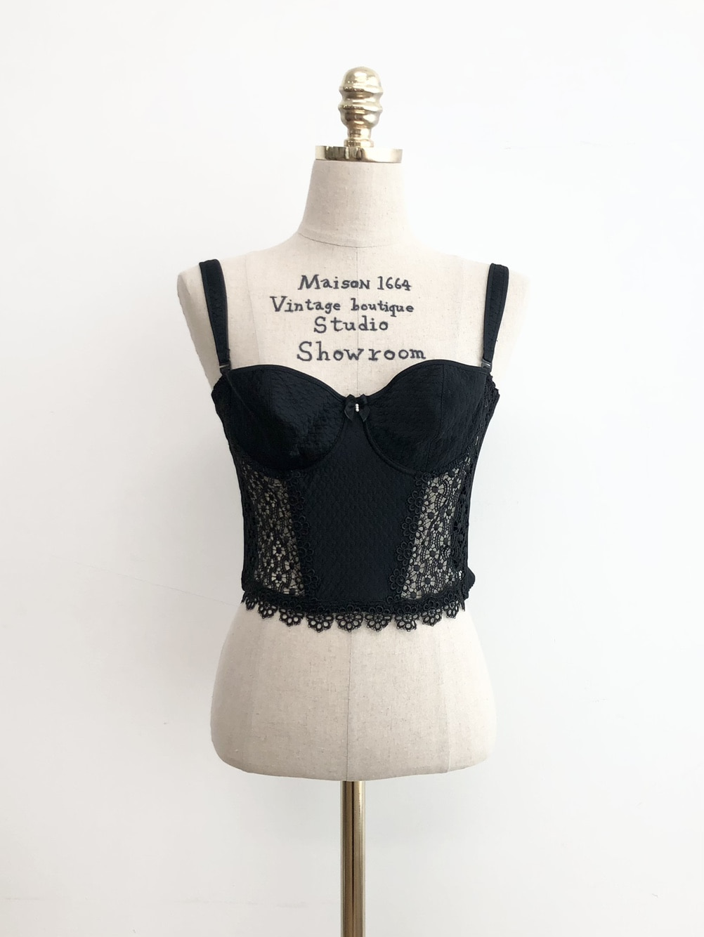 Black Quilted Detail Flower Lace Corset Top 75 E (made in spain)