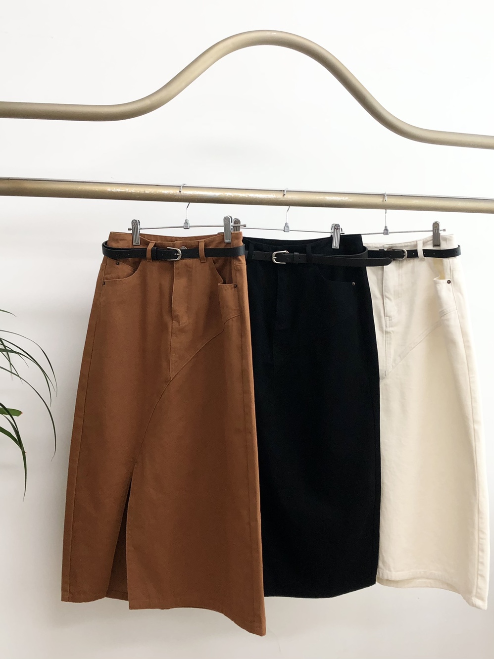 Select) Slit Belt Set Cotton Long Skirt (Brown/Black/White)