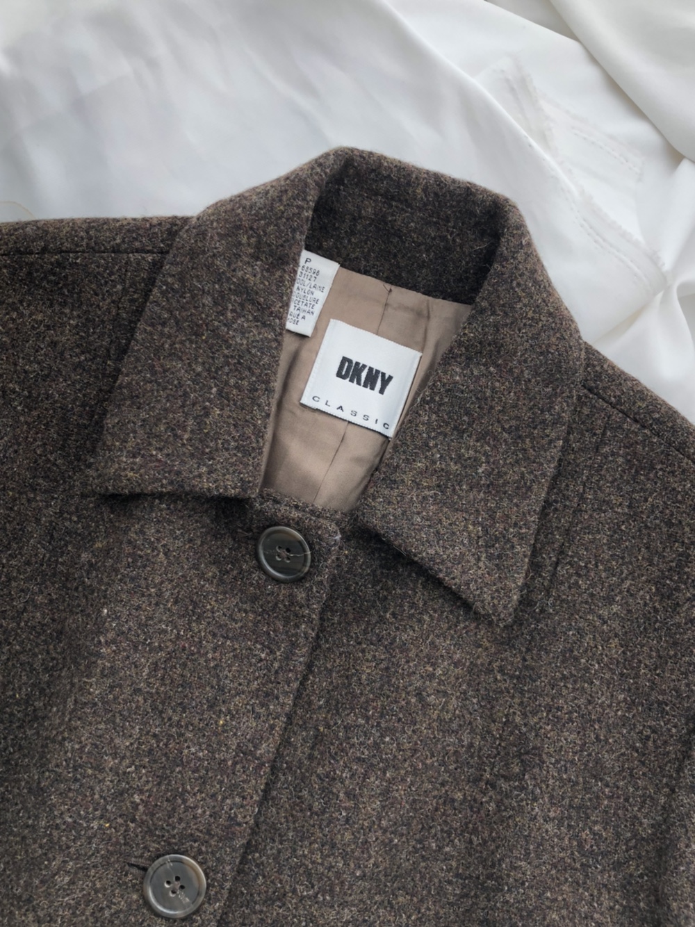 DKNY classic deep khaki tweed long wool coat