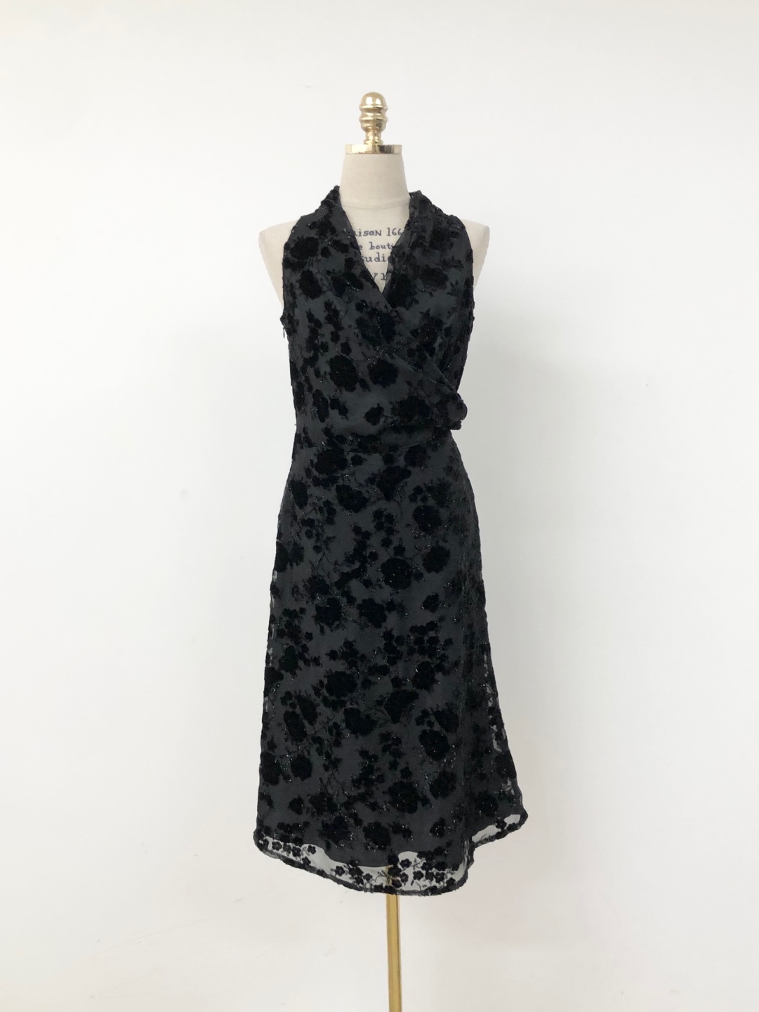 Black Velvet Detail Pattern Flower Pattern Dress
