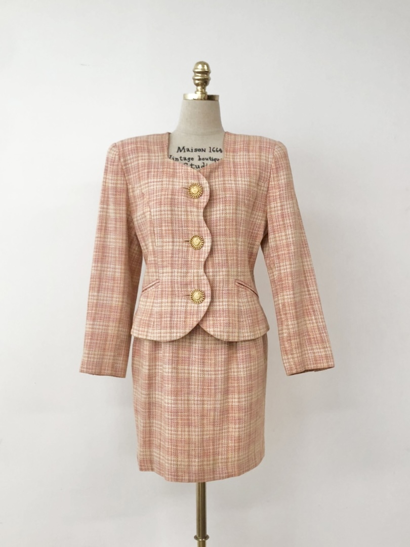 Coral Pink Ivory Mix Color Tweed Jacket Skirt Two Piece Setup