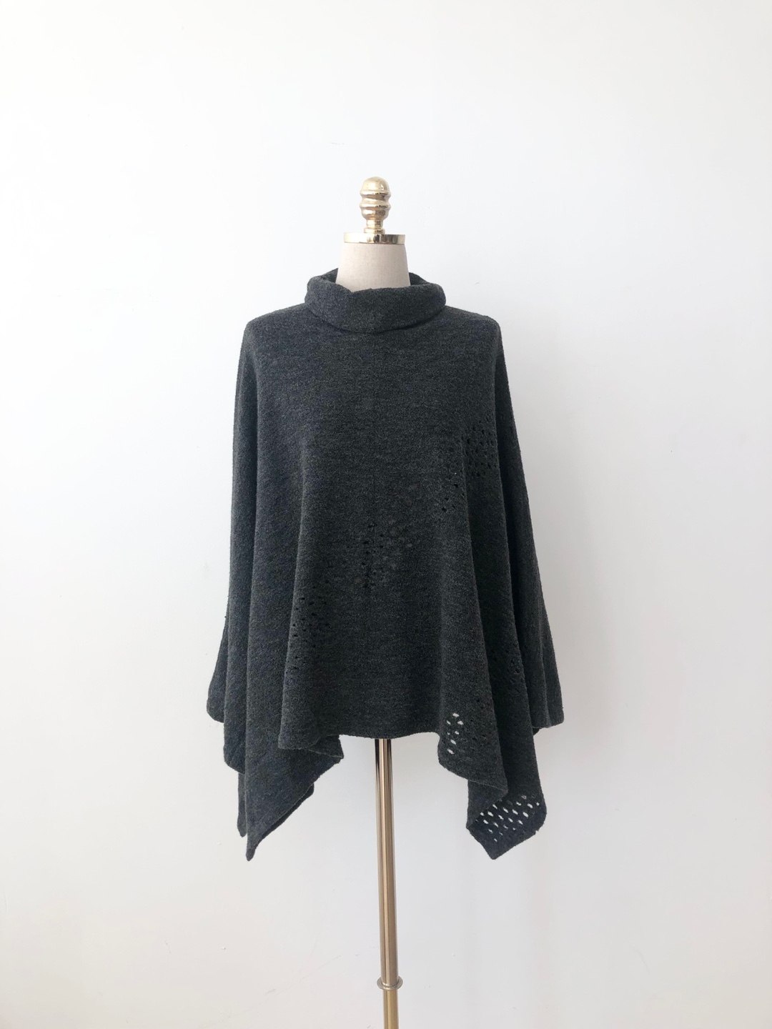Charcoal Gray High Neck Punched Wool 58 Cape Top
