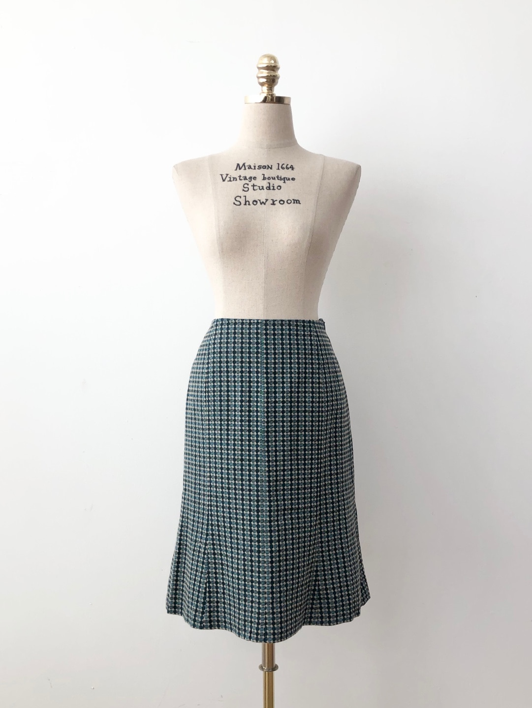 Emerald Green Blue Check Pattern Tweed Wool Skirt [26 inch]
