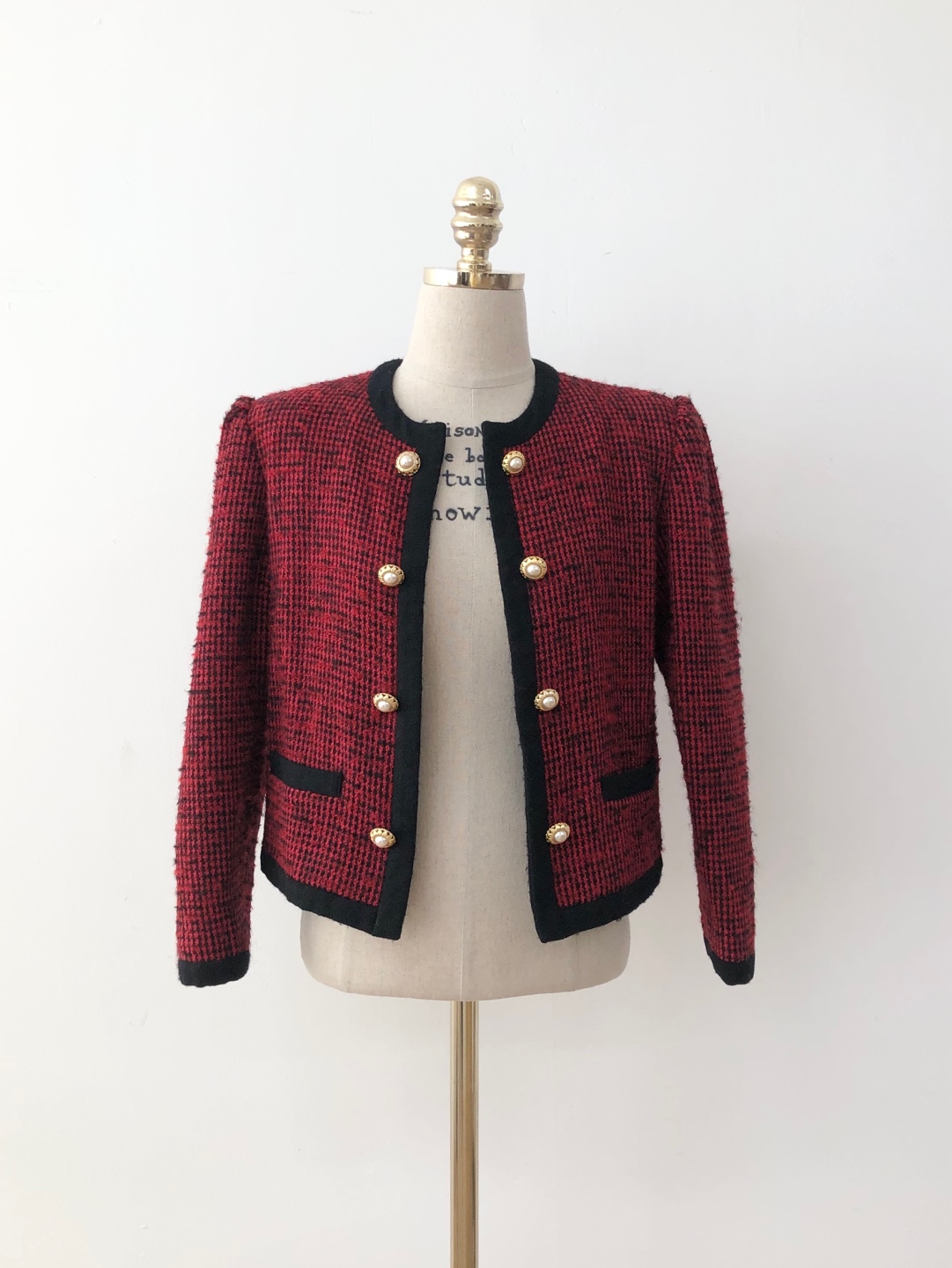 Red Black Wool 70 Pearl Button Tweed Open Jacket