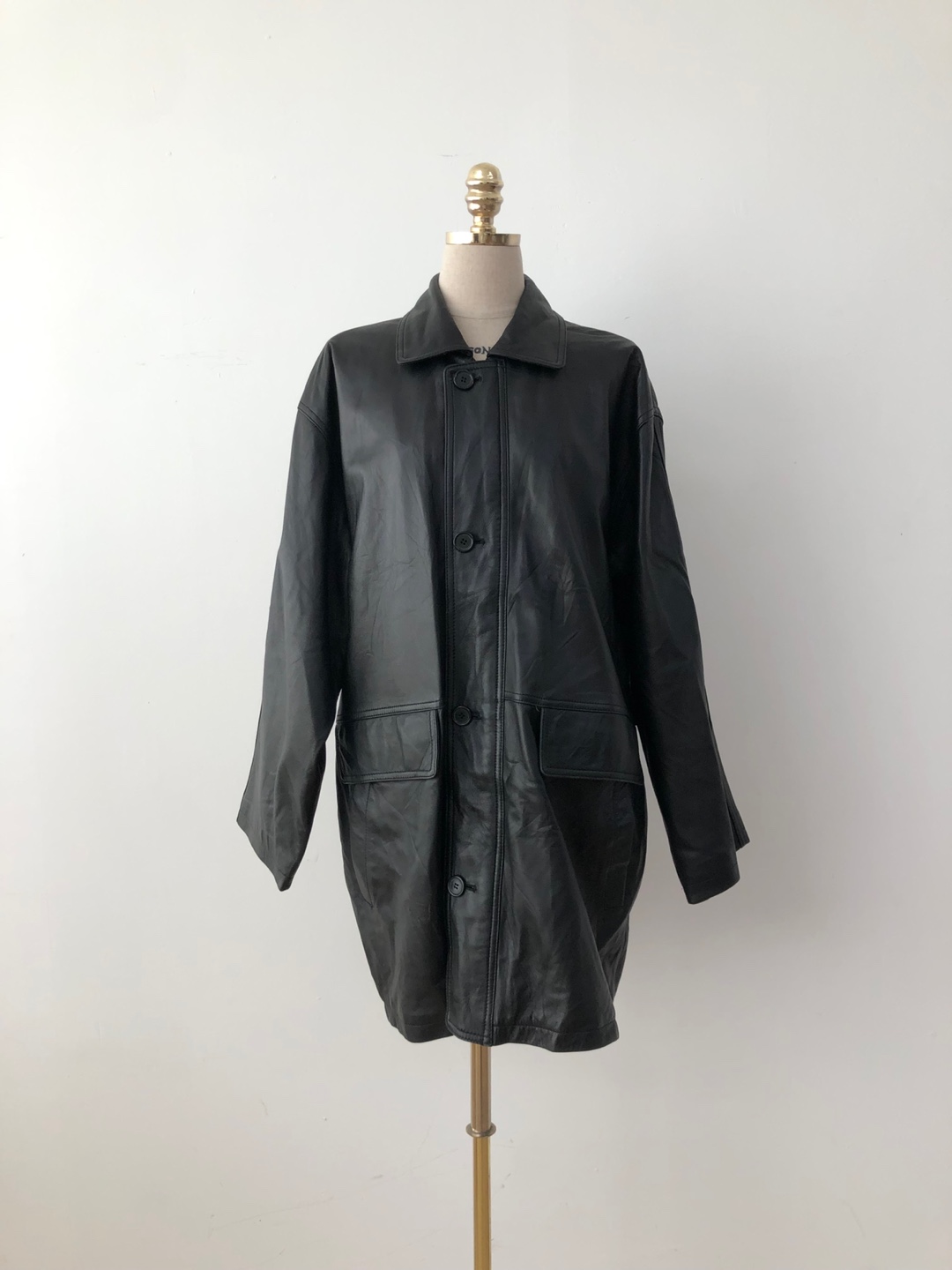 Black Real Leather Loose Fit Collar Long Jacket