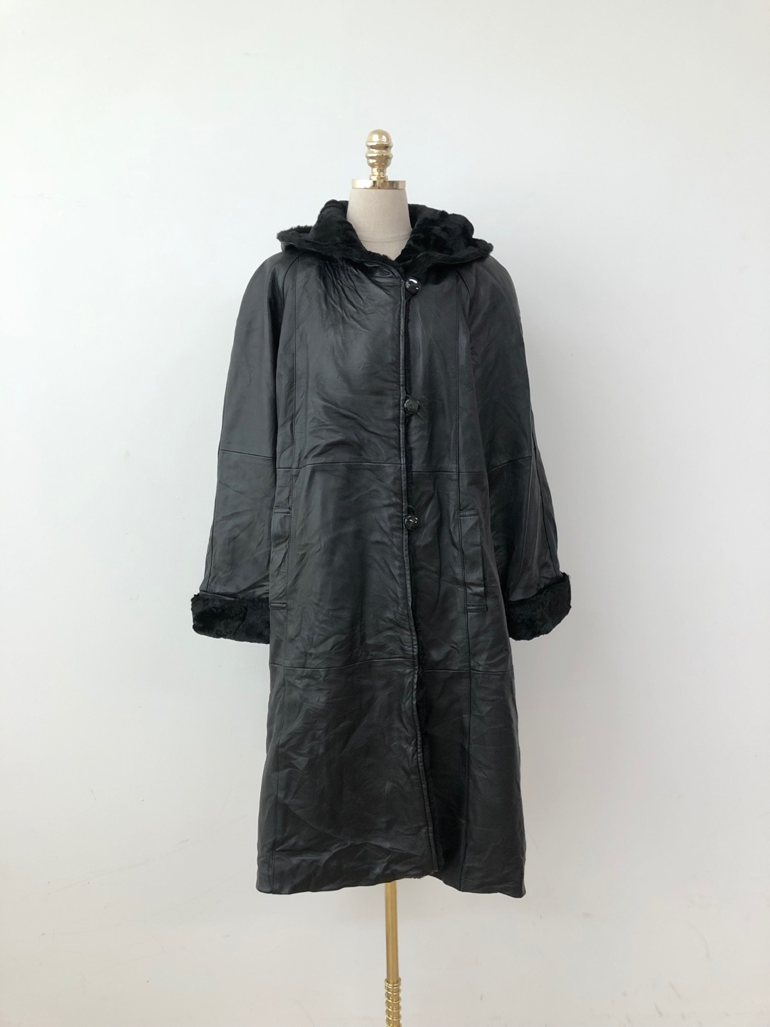 Black Real Leather Fur Detail Hooded Long Jacket