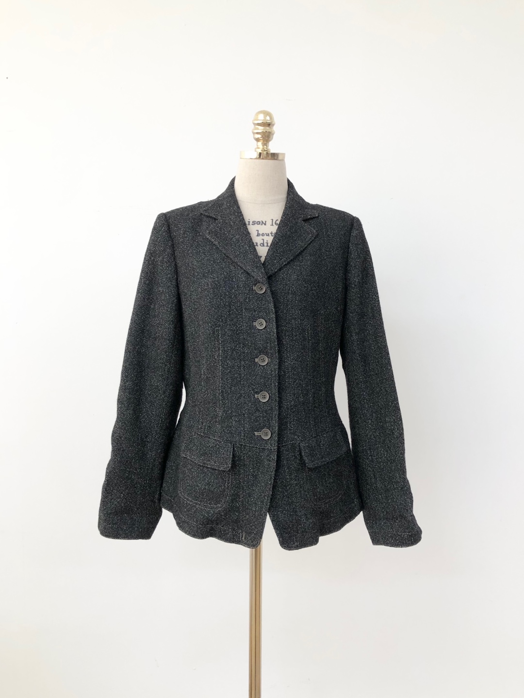 Charcoal Gray Stitch Detail Tweed Wool Jacket