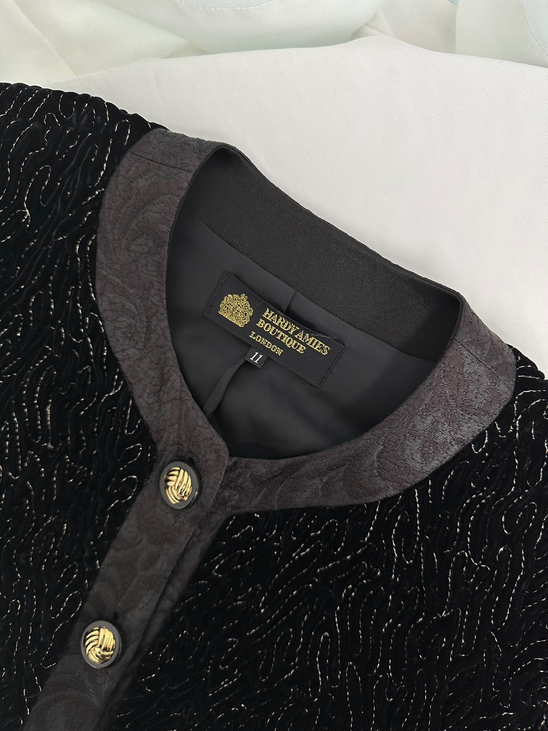Hardy Amies black velvet gold-stitched jacket