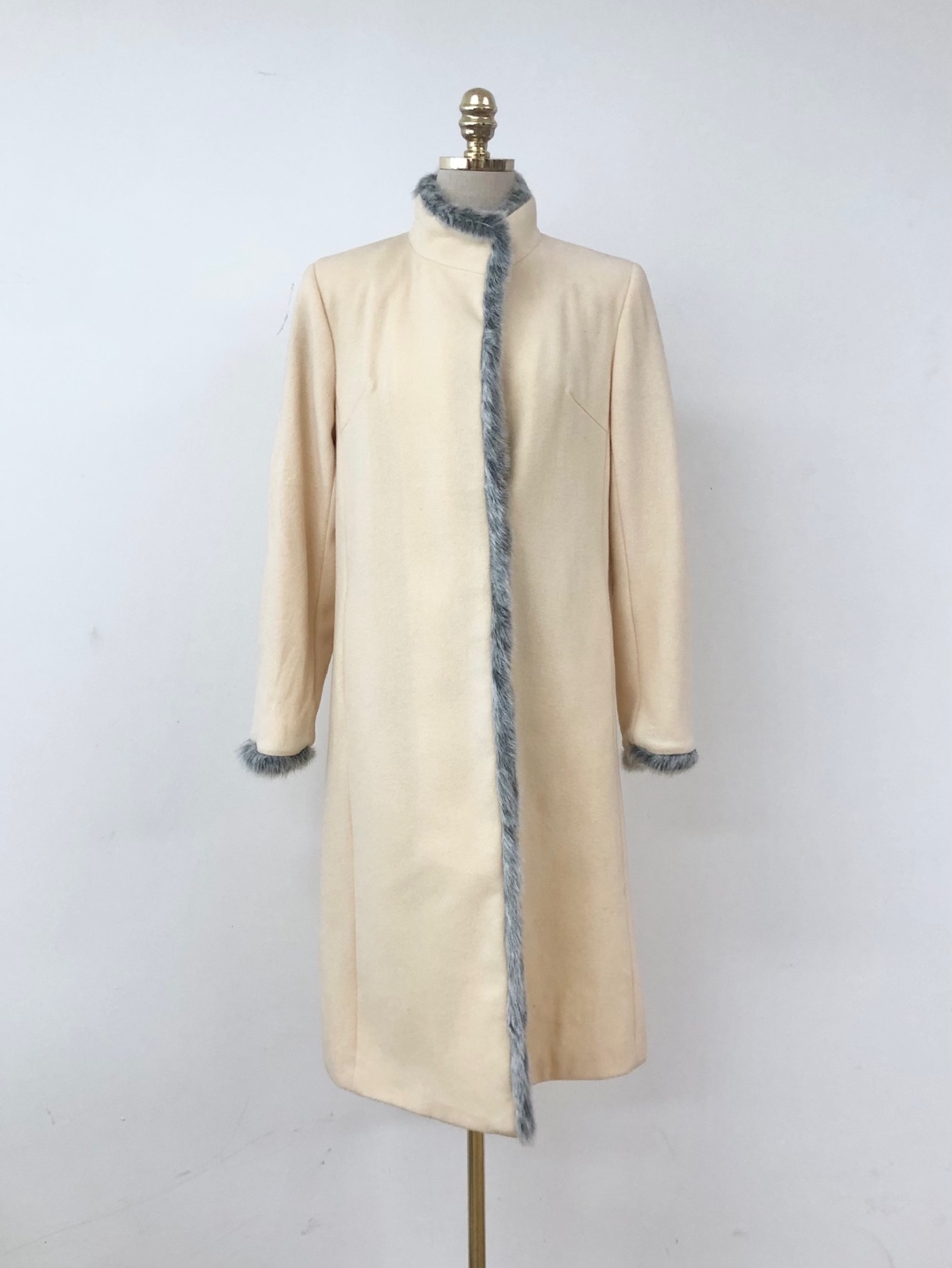 Ivory Gray Fur Detail Wool 90 Long Coat