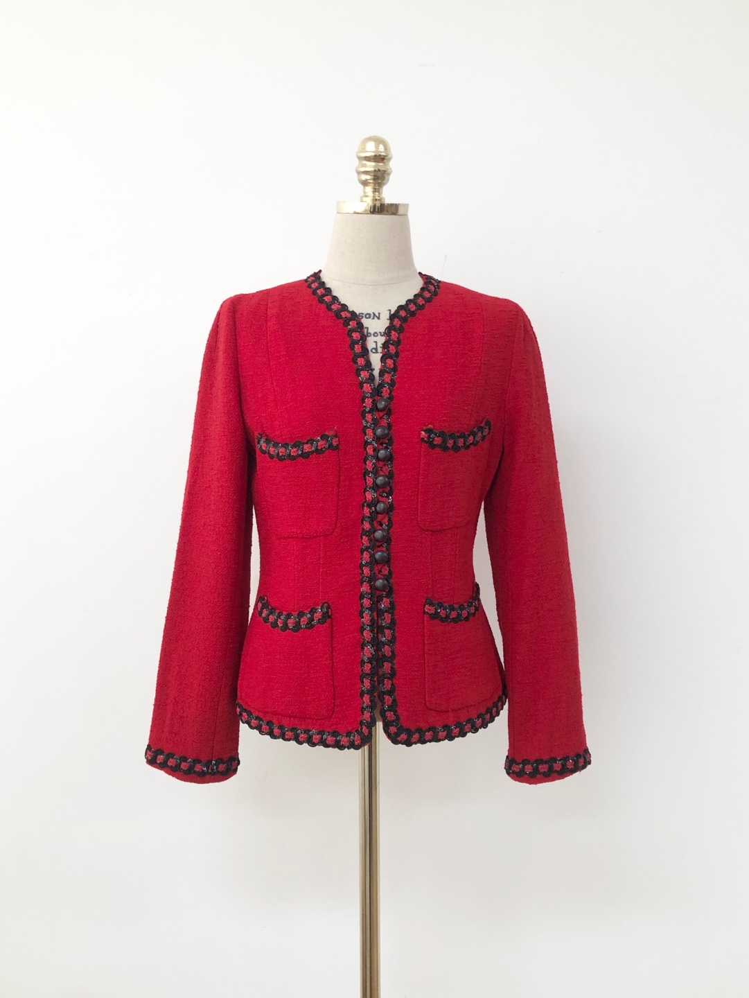 Red Black Sequin Detail Tweed Jacket