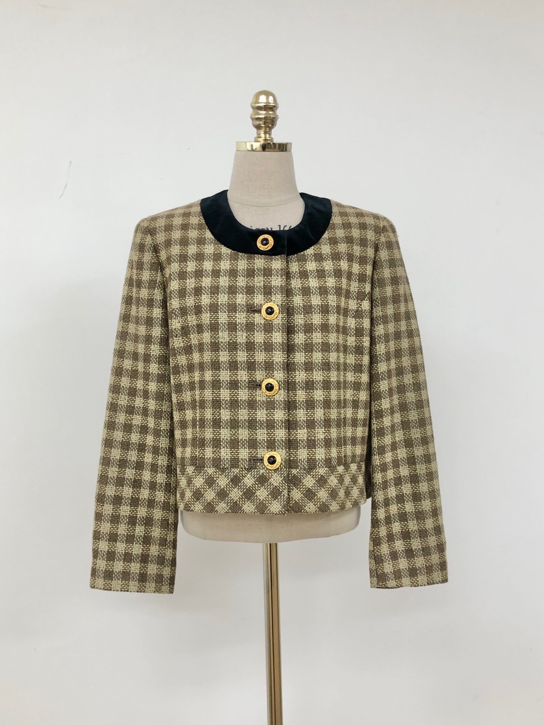 Light Brown Check Pattern Tweed Velvet Detail Jacket