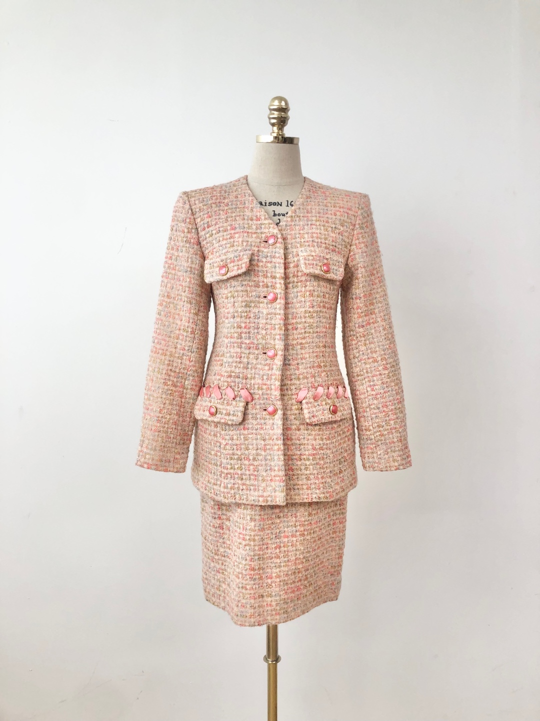 Hanae Mori Pink multi-colored gold thread tweed jacket skirt two-piece setup [24 inch]