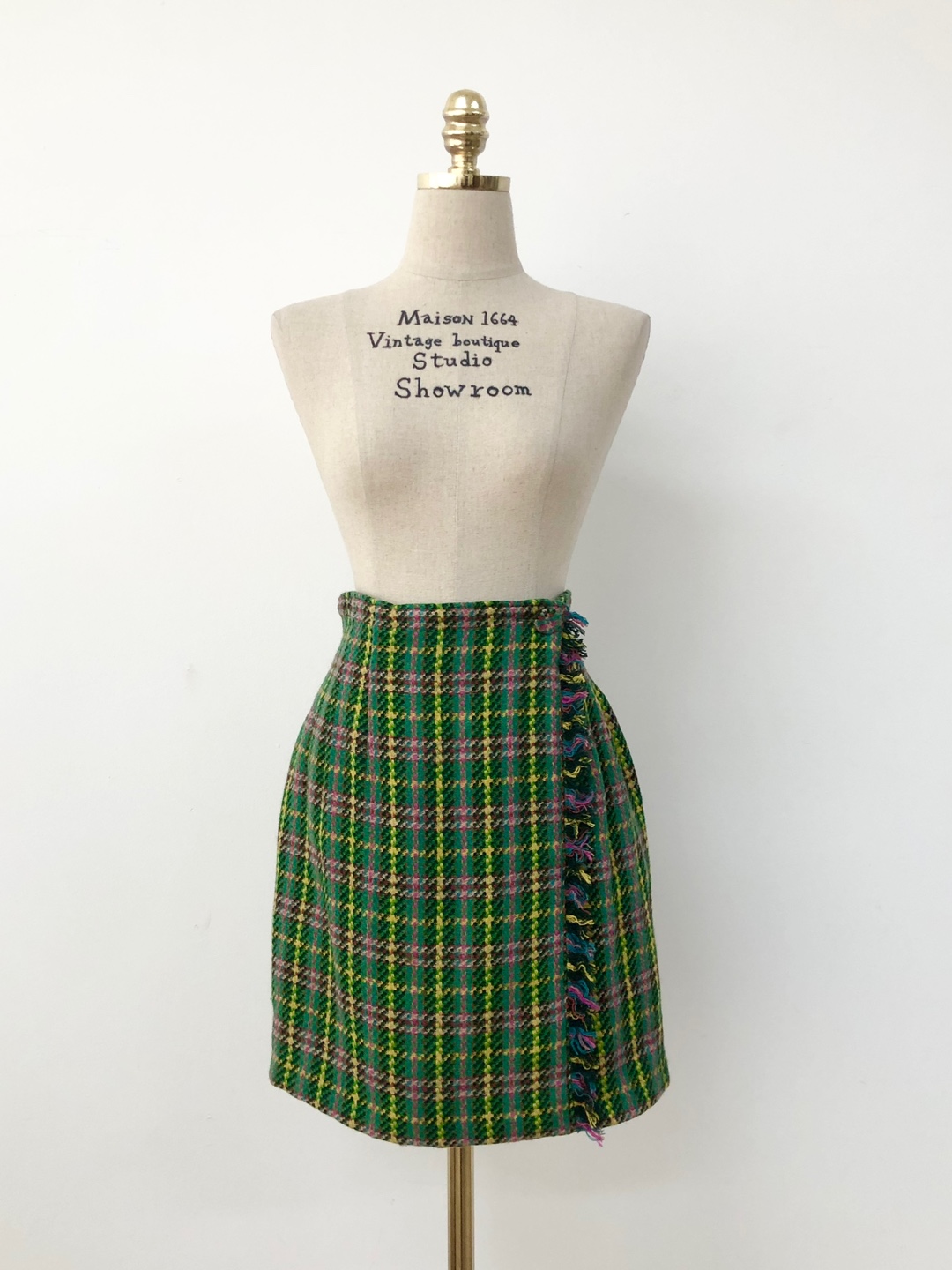 Green multicolor check pattern wrap skirt [27 inch]