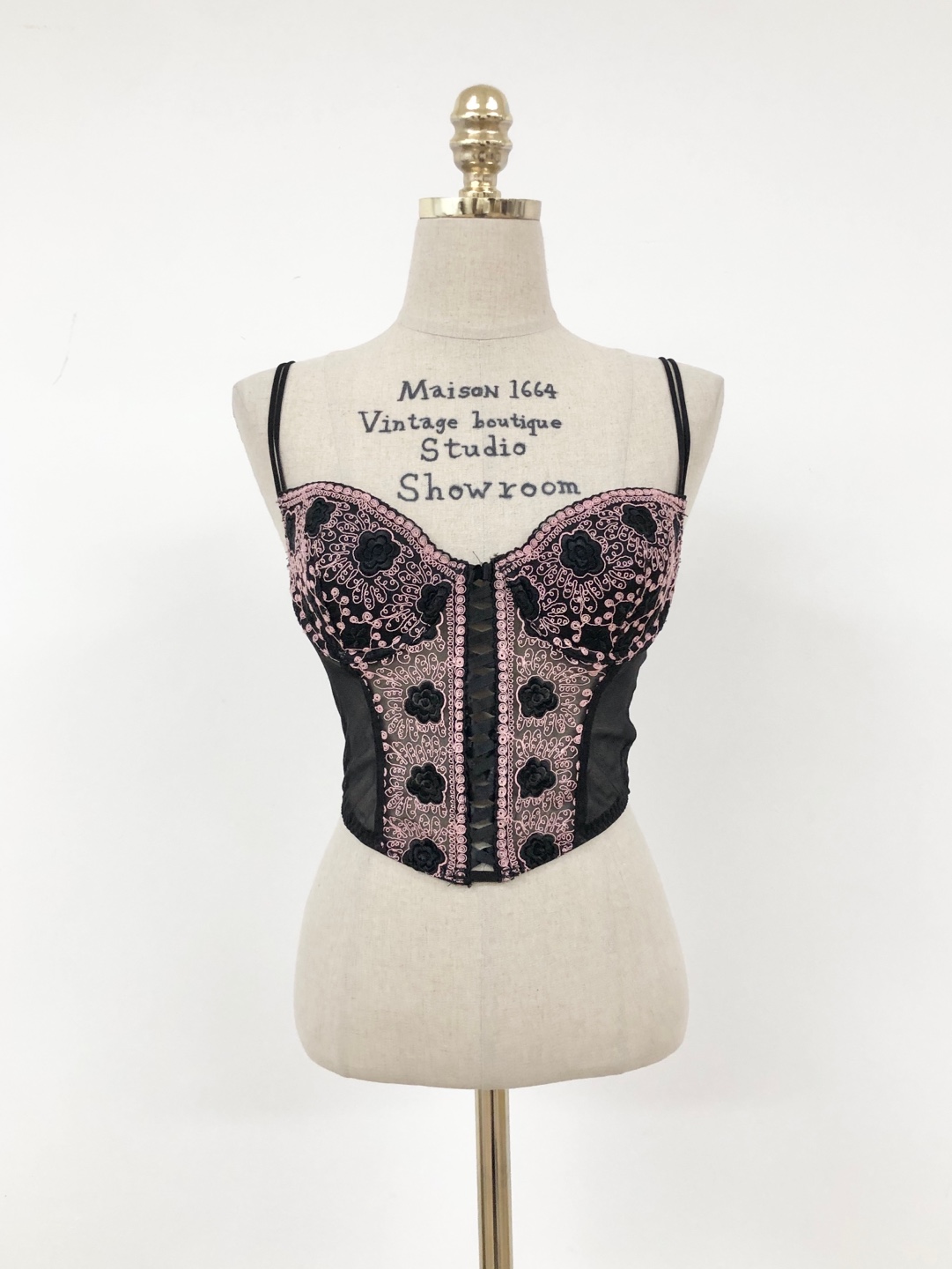 Black Pink Flower Embroidered Corset Top 36 A