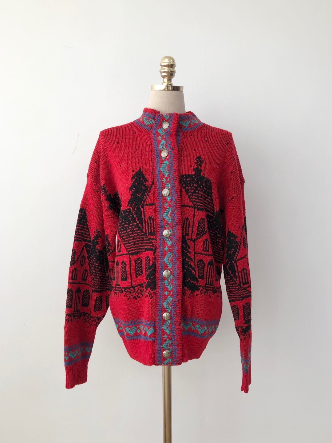 Red Black Pattern Loose Fit Knit Cardigan Top