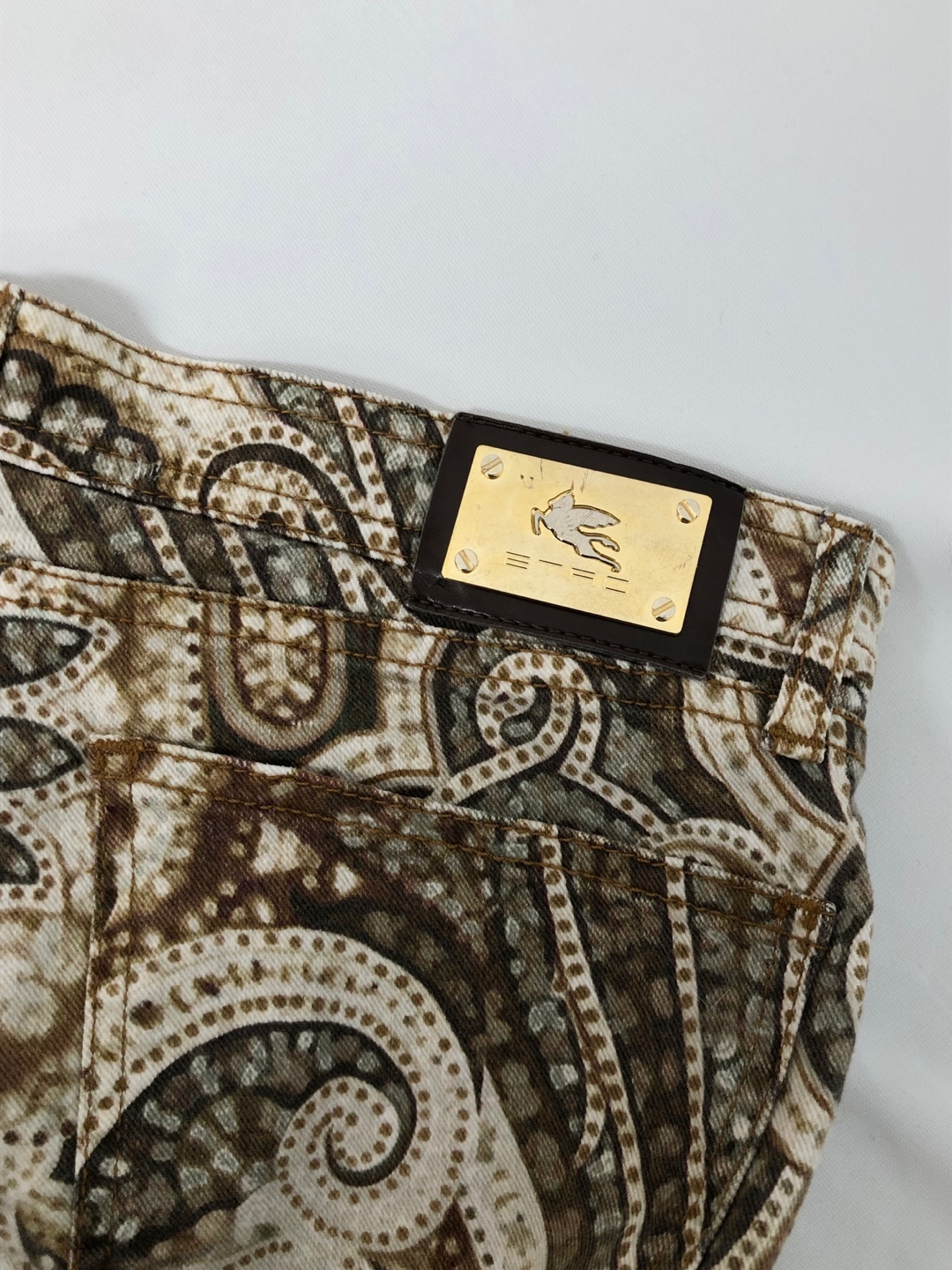 ETRO Light Green Brown Ivory Paisley Cotton Jeans (made in italy)