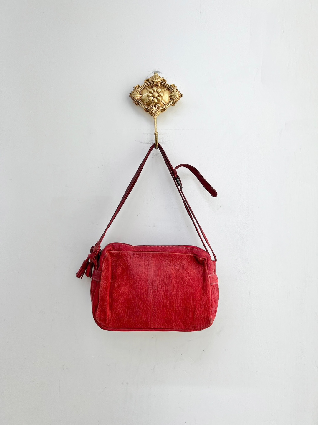 Real Leather Red Three Pocket Tassel Zip Hobo Bag