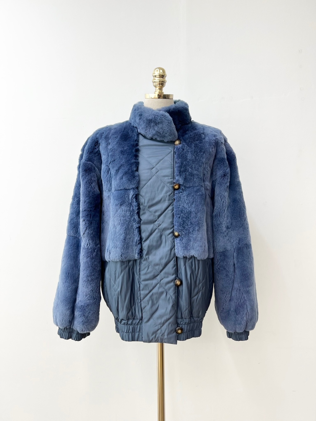 Deep Blue Rabbit Fur Reversible Quilted Jacket