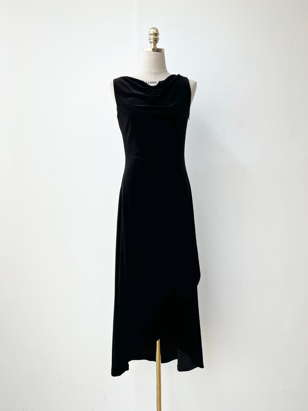 Black Velvet Drape Slit Unbalanced Long Dress