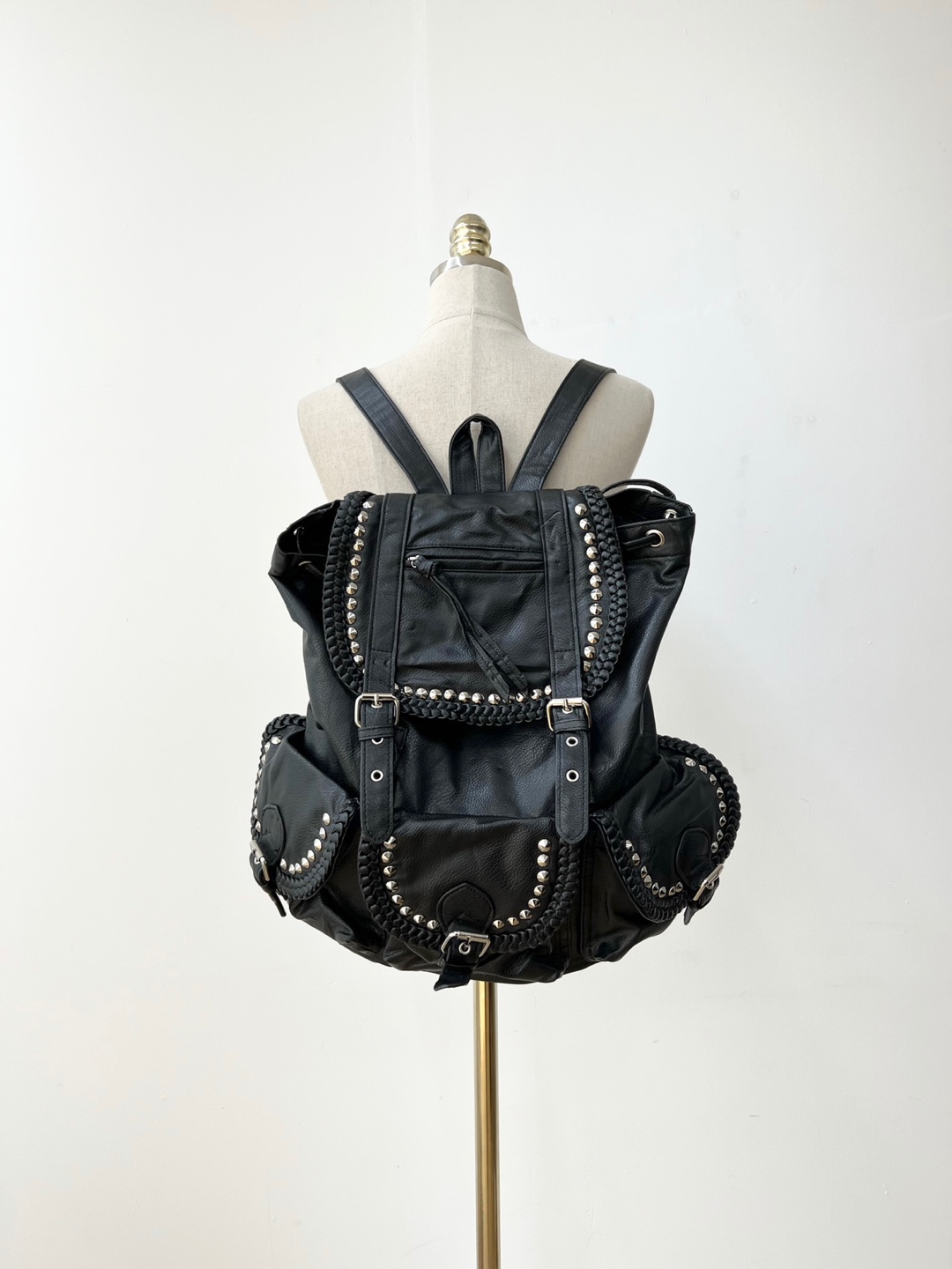 Faux Leather Black Studded Twist Buckle Bag