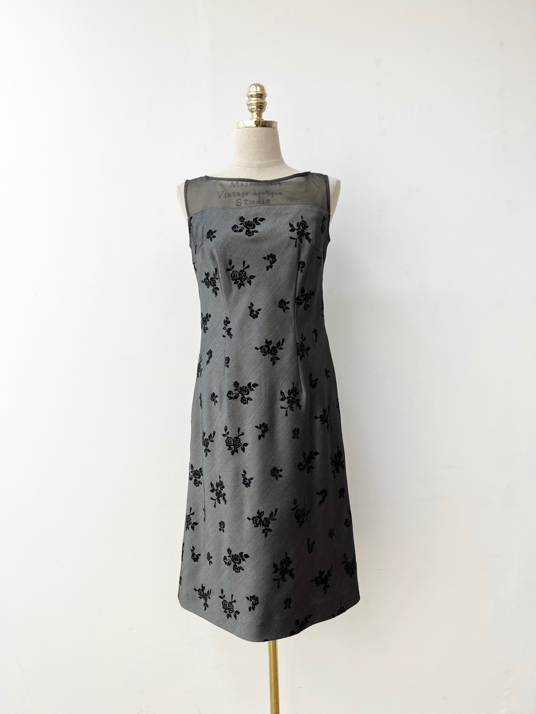 Black Gray Flower Velvet Jacquard Organza Sleeveless Dress
