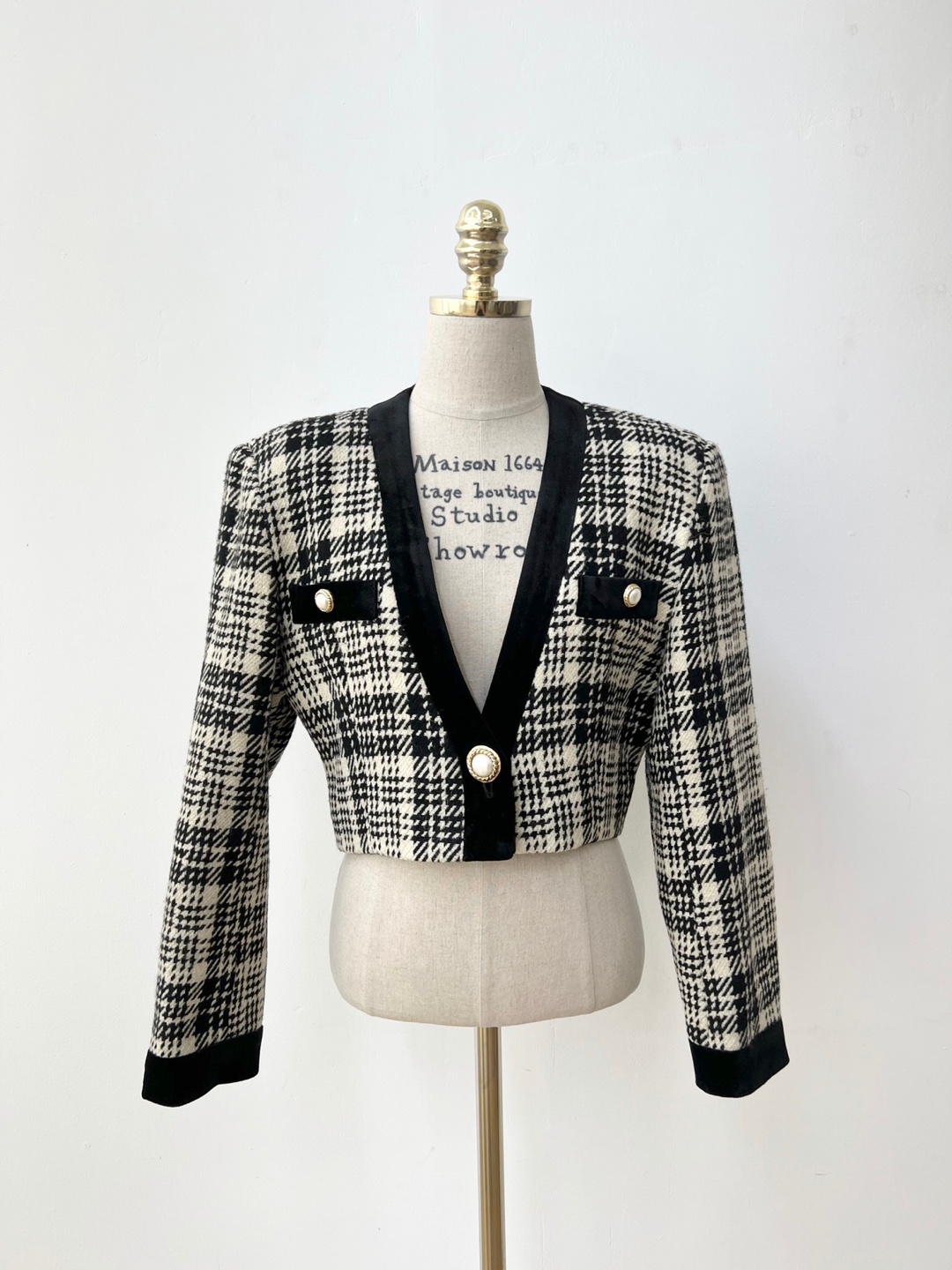 Black and white houndstooth check velvet gold pearl button jacket
