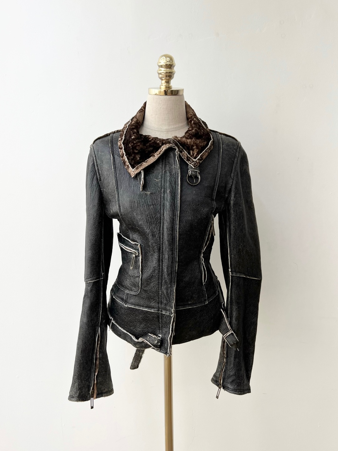 Sylvie Schimmel black crack brown real leather lambskin mustang jacket (made in france)