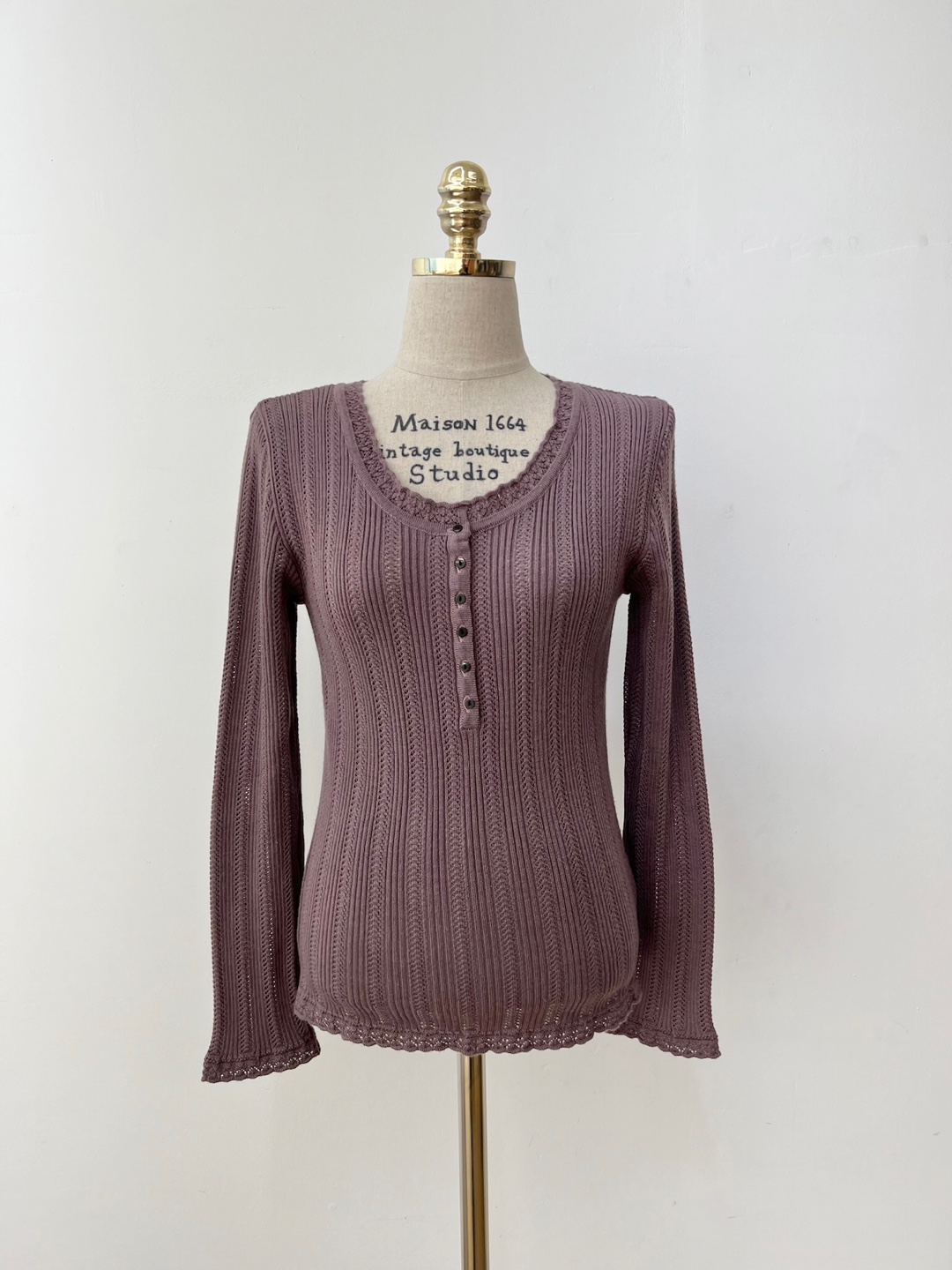 Deep Purple Brown Button Punched Lace Knit Top