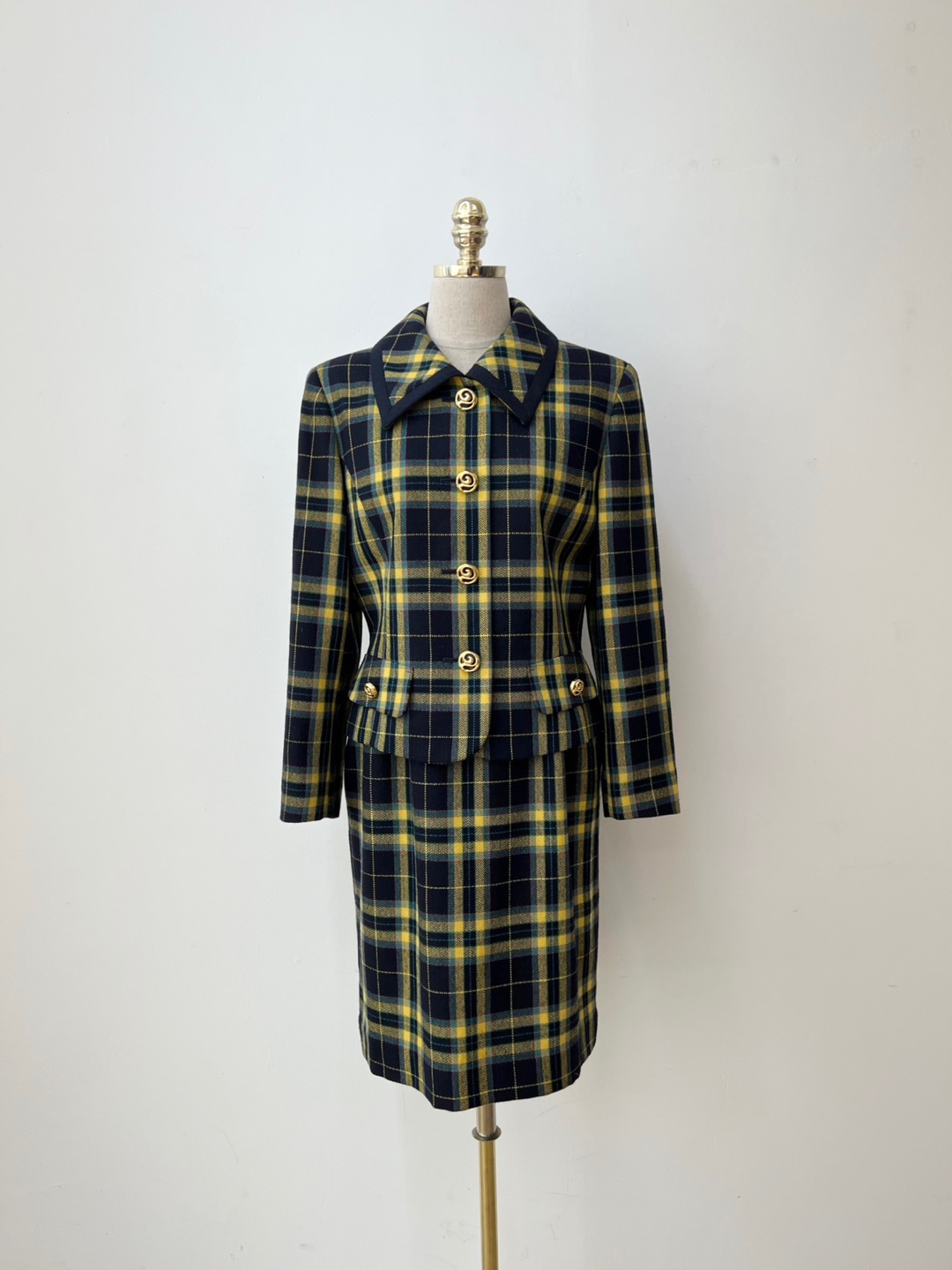 Navy Yellow Check Gold Button Skirt Jacket Setup [24-27 inch]