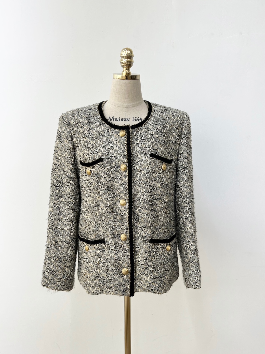 Gray Velvet Gold Button Tweed Jacket