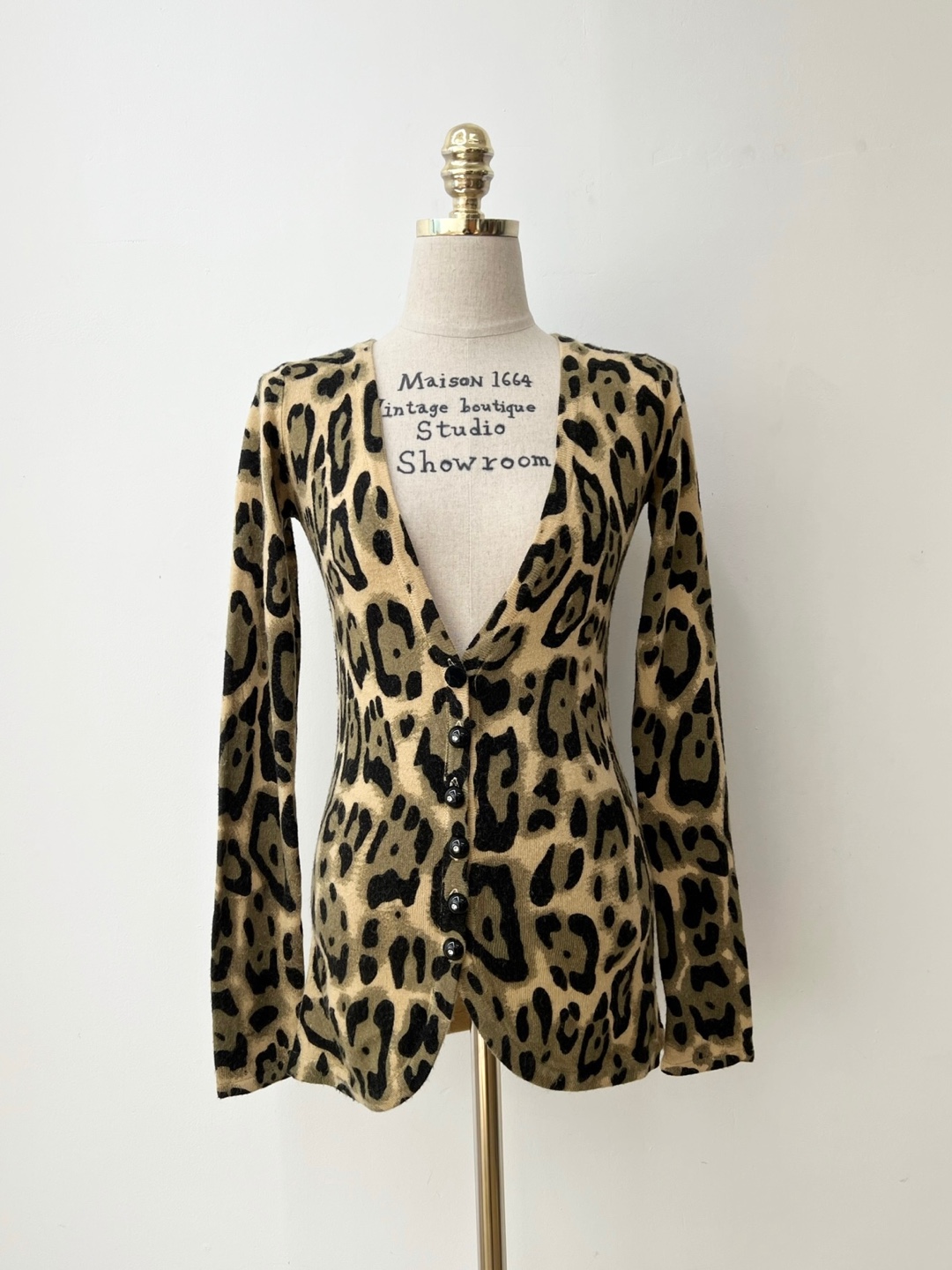 Khaki Leopard Velvet Black Button Cardigan