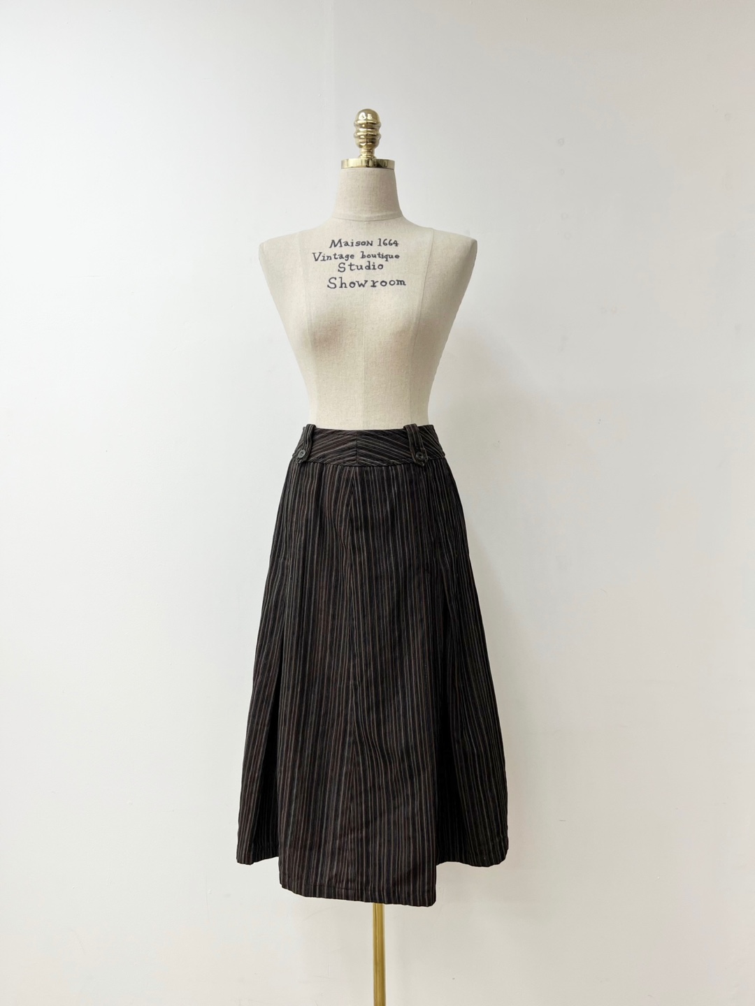 Brown Black Stripe Belt Button A-Line Skirt [27 inch]