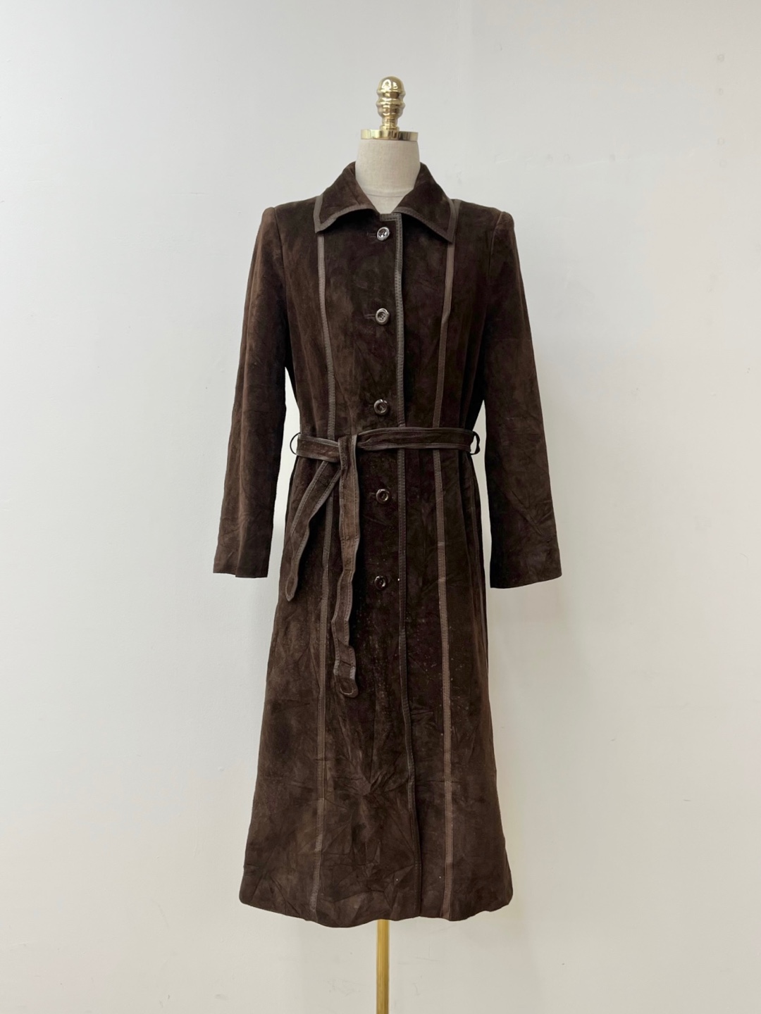Brown Real Leather Suede Line Leather Detail Belt Coat