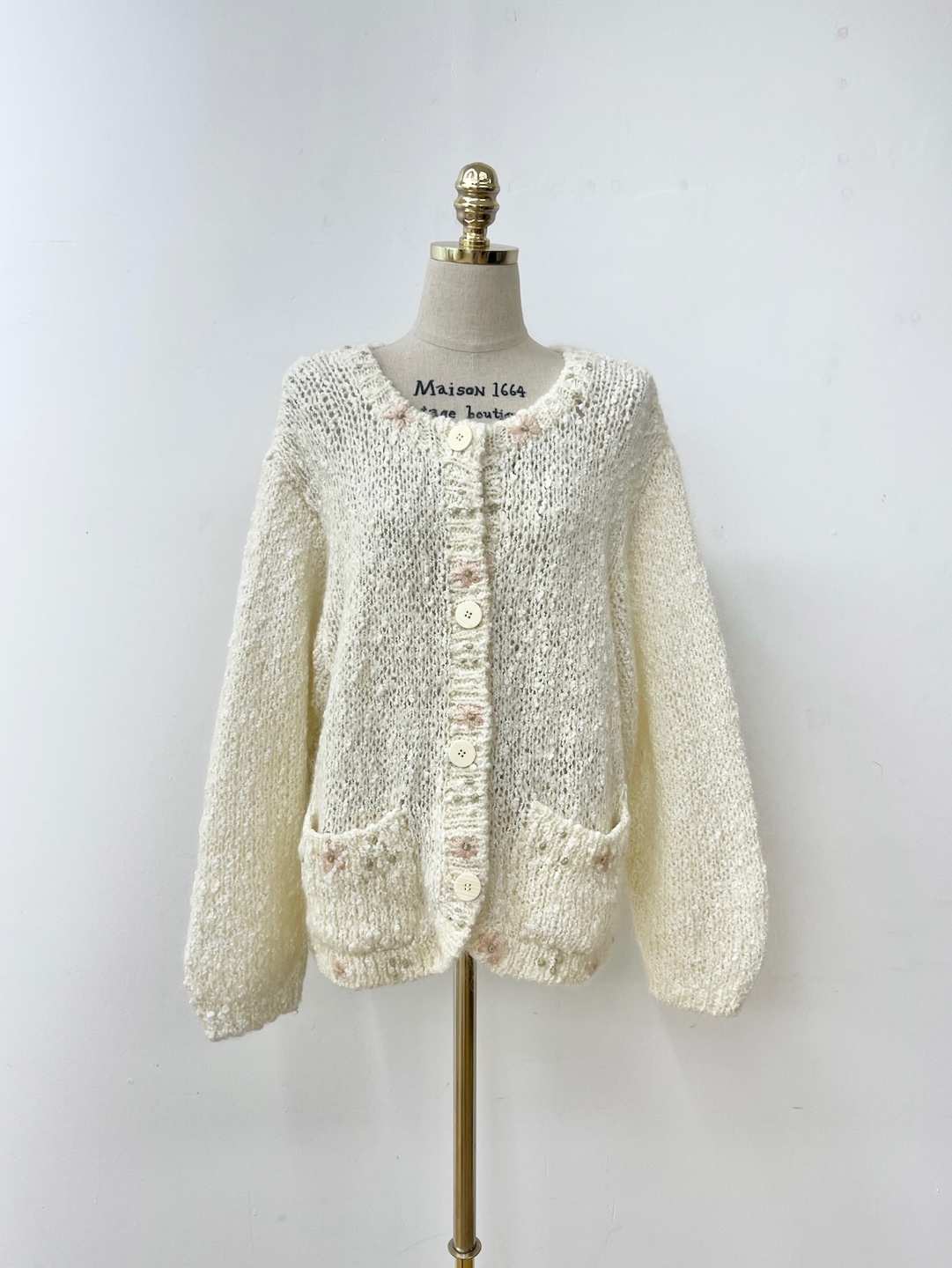 Ivory Embroidered Flower Big Button Pocket Mohair Cardigan