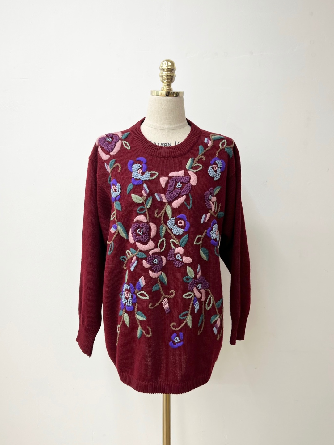 Wine floral embroidered wool knit
