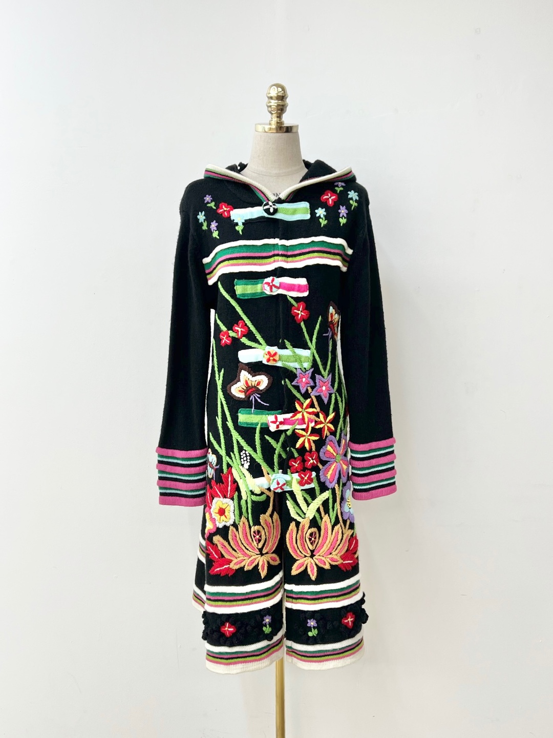 Kenzo Black Multicolor Flower Embroidered Hooded long Cardigan