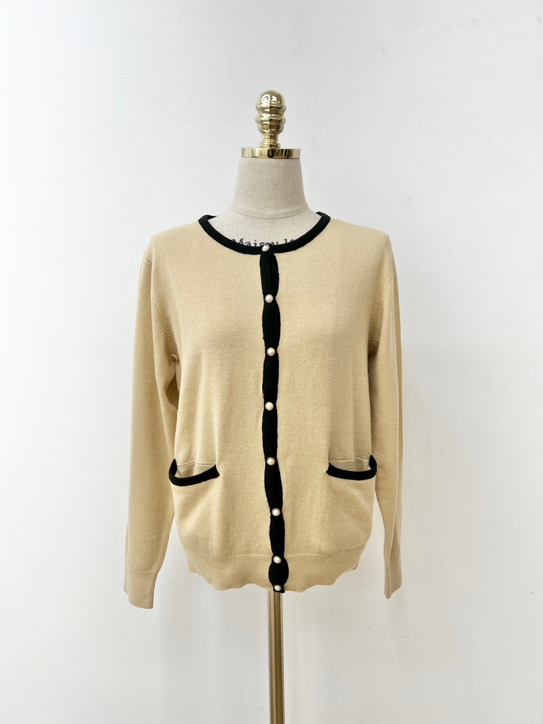 Beige Black Gold Pearl Button Two Pocket Cardigan