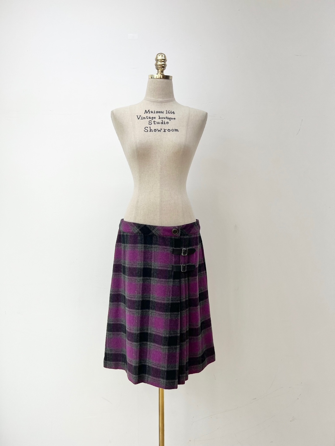 Purple Black Check Buckle Side Pleated Skirt [31inch]