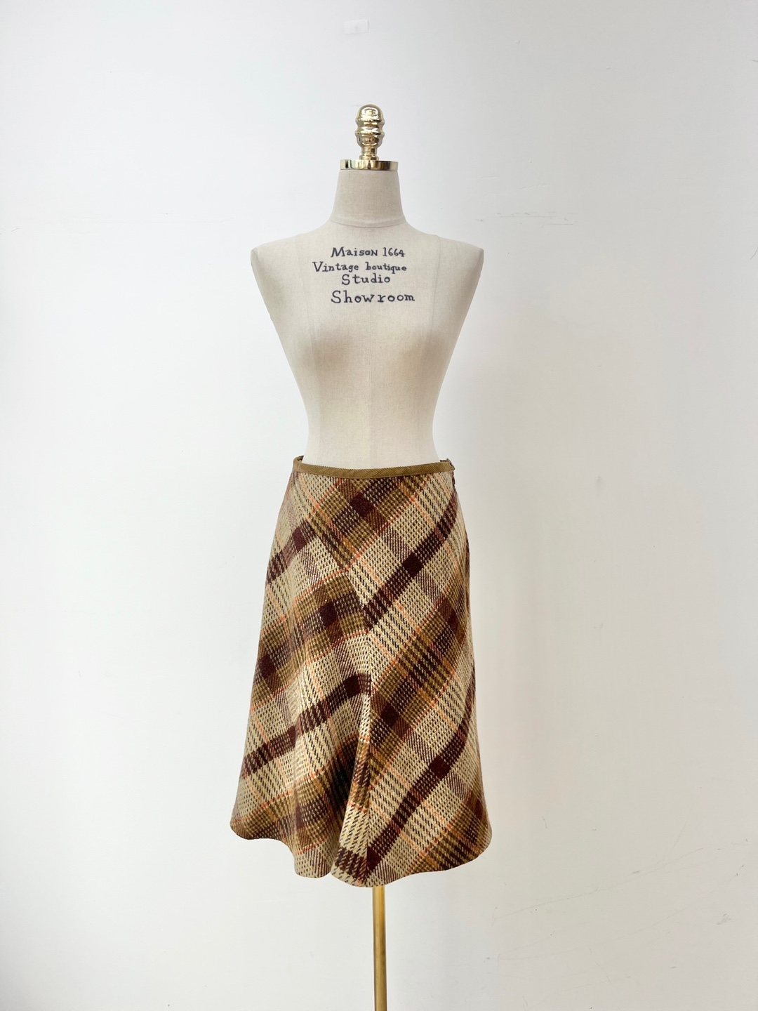 Max Mara Brown Beige Check A-Line Velvet Trim Wool Skirt [28inch]