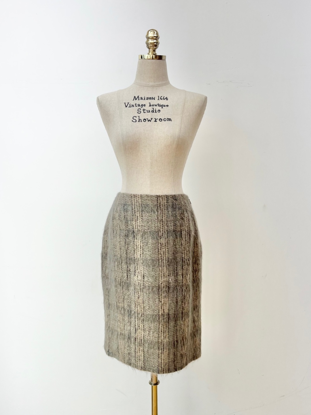 Max Mara Gray Beige Check Pattern Mohair Skirt [27inch]