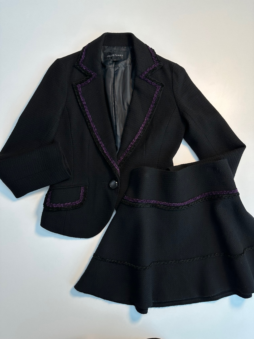 Jill Stuart Black Purple Point Jacket Skirt Two Piece Tweed Setup
