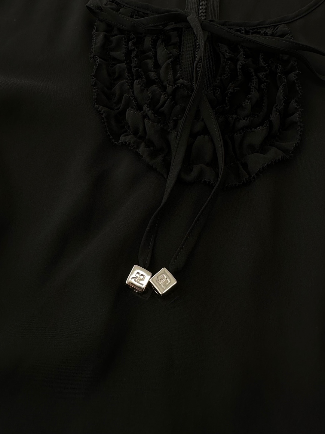 Courrèges Black Lace-Up Lace Pleated Ruffled Dice Pendant Detail Sleeveless Top