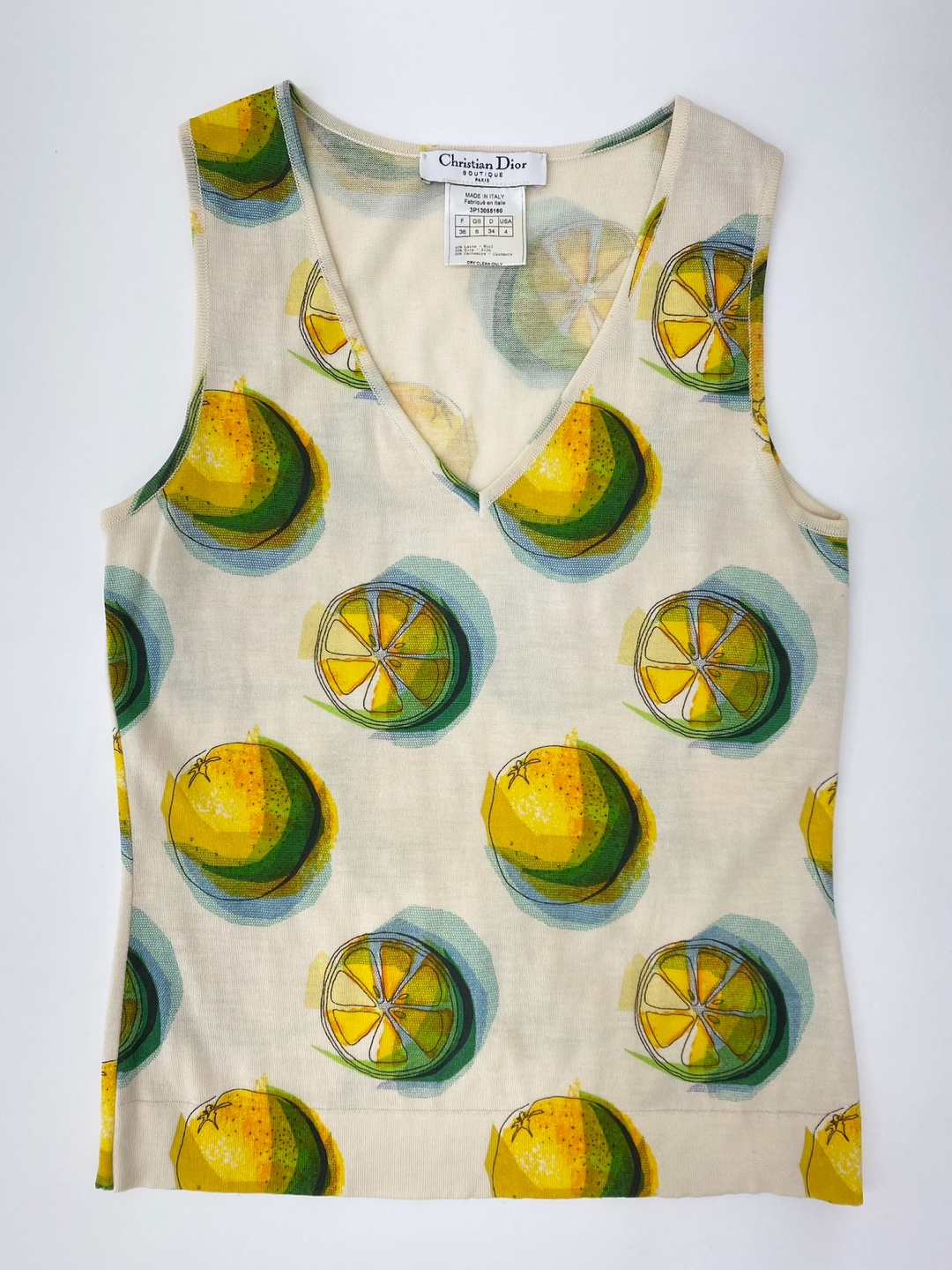 Christian Dior Boutique Ivory Lemon Pattern Sleeveless Knit Top(made in italy)
