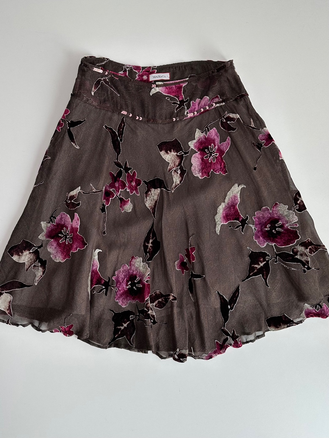 max&amp;co brown paisley purple velvet flower sequin detail silk skirt (made in italy)[27inch]