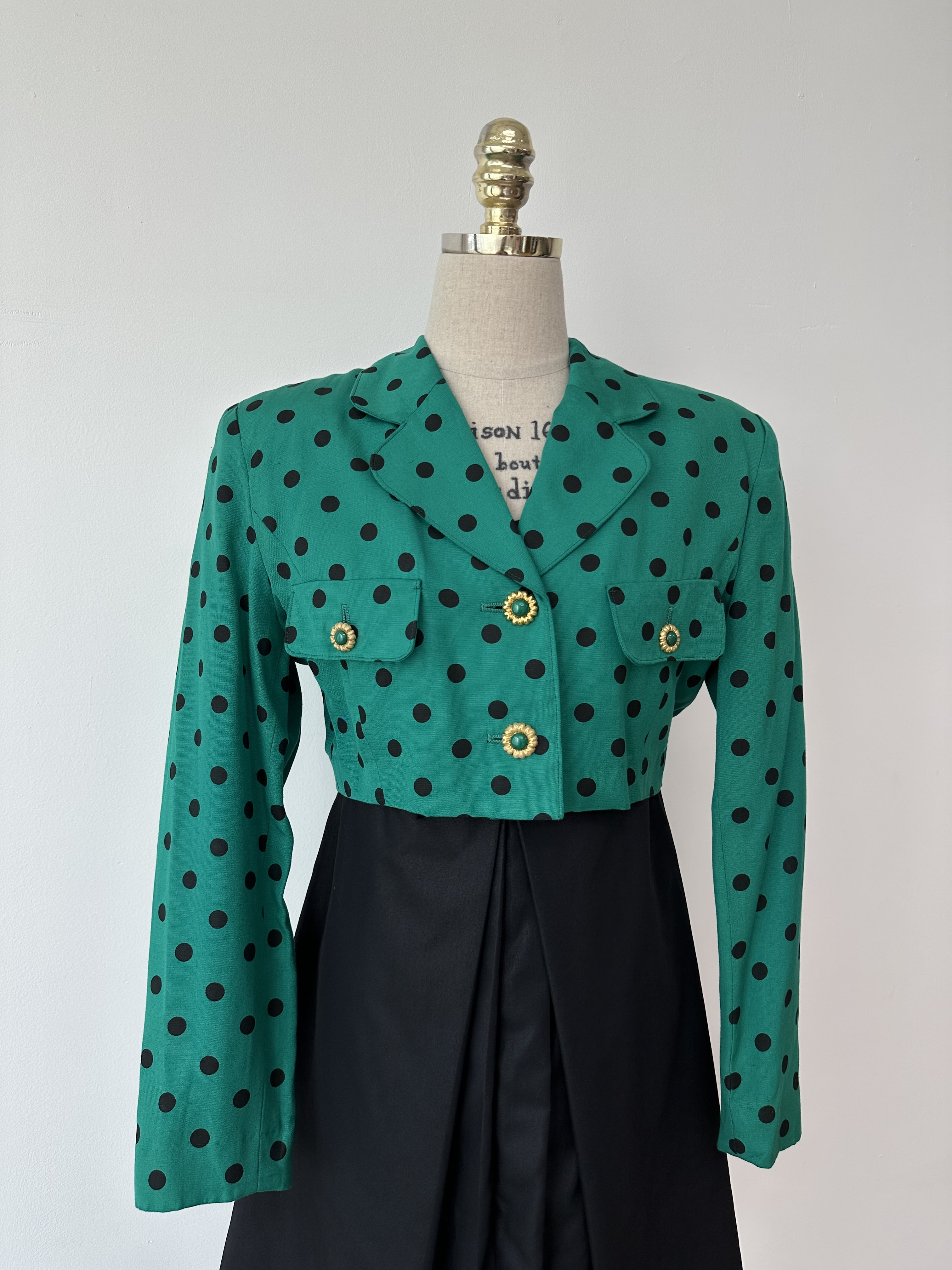 Green dot linen flower button crop jacket(made in italy)