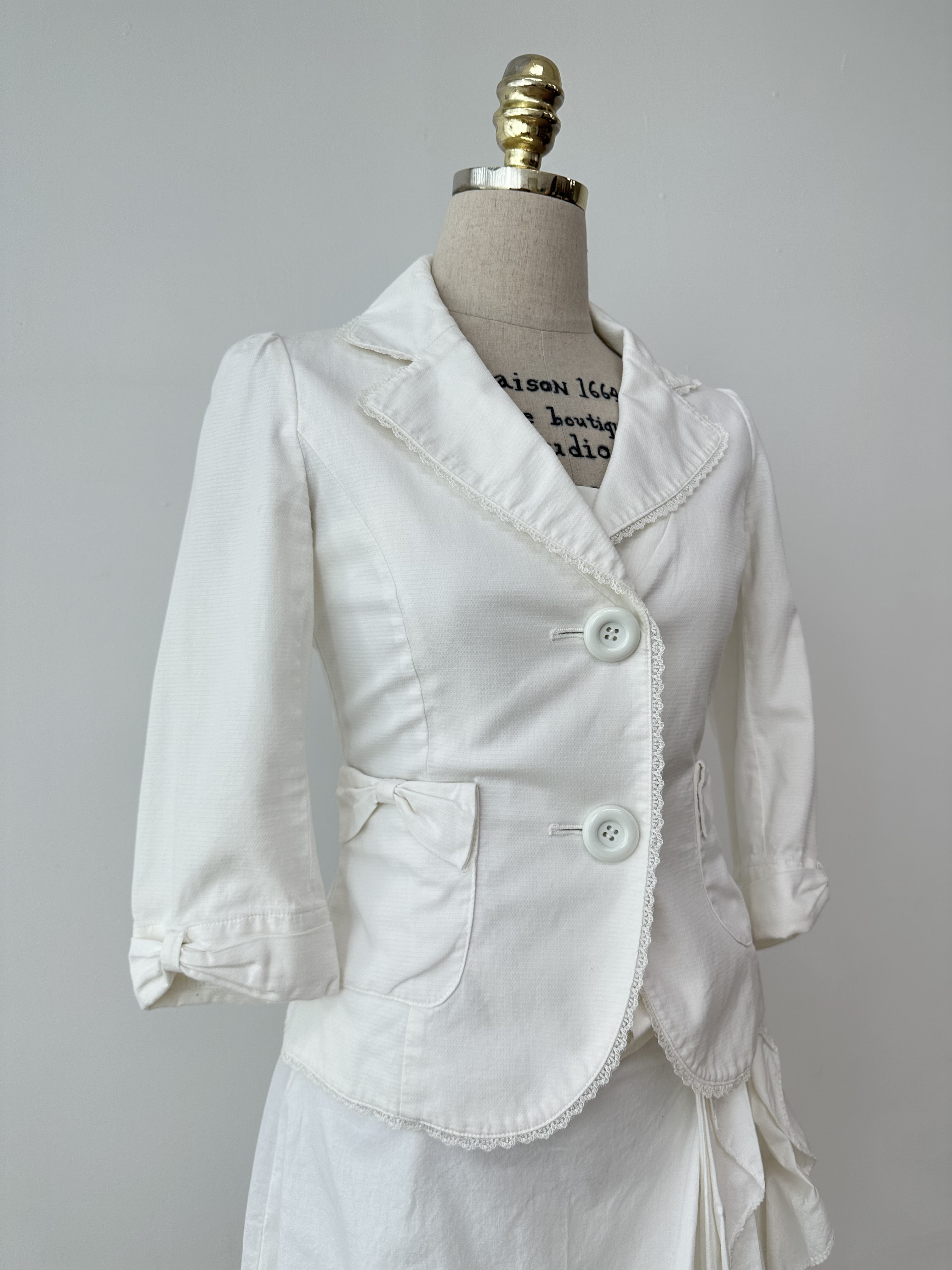 White ribbon lace detail cotton linen jacket