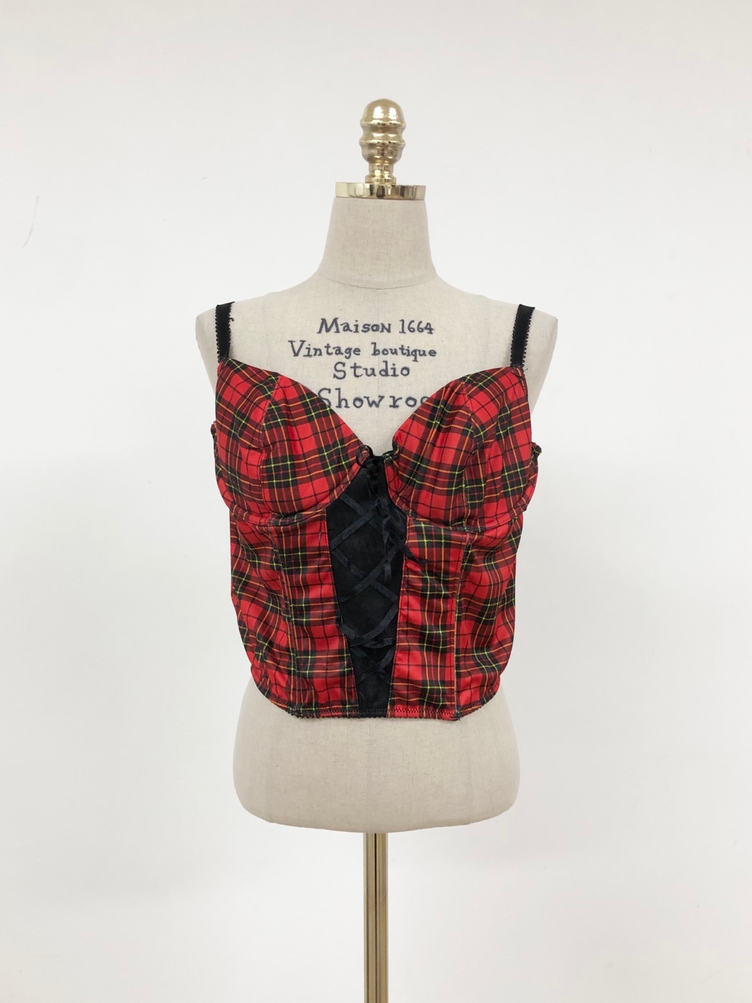 Red Check Pattern Black Lace Corset Top 90 C