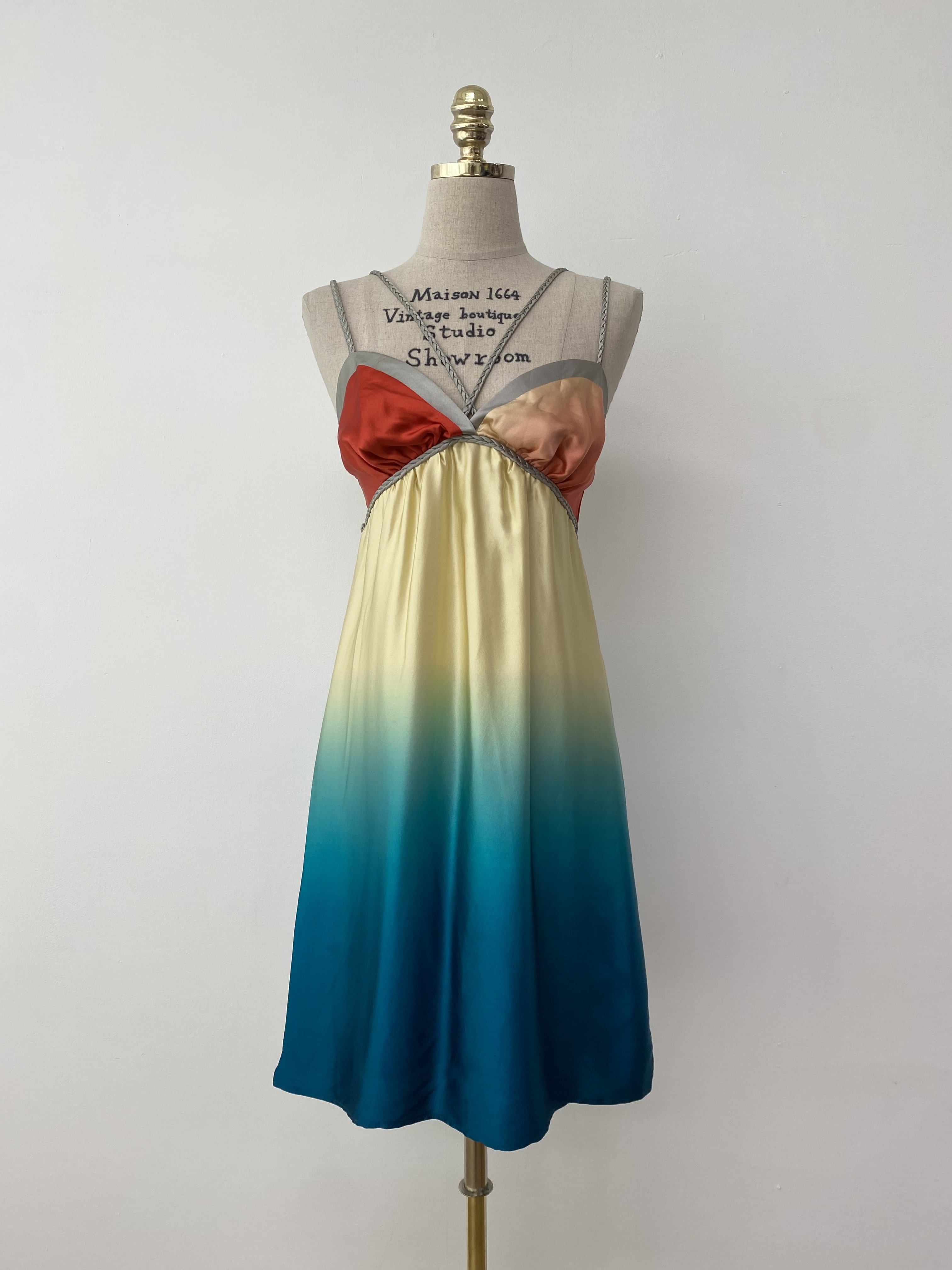 Yellow Blue Gradient Rope Detail Sleeveless silk Dres(made in usa)