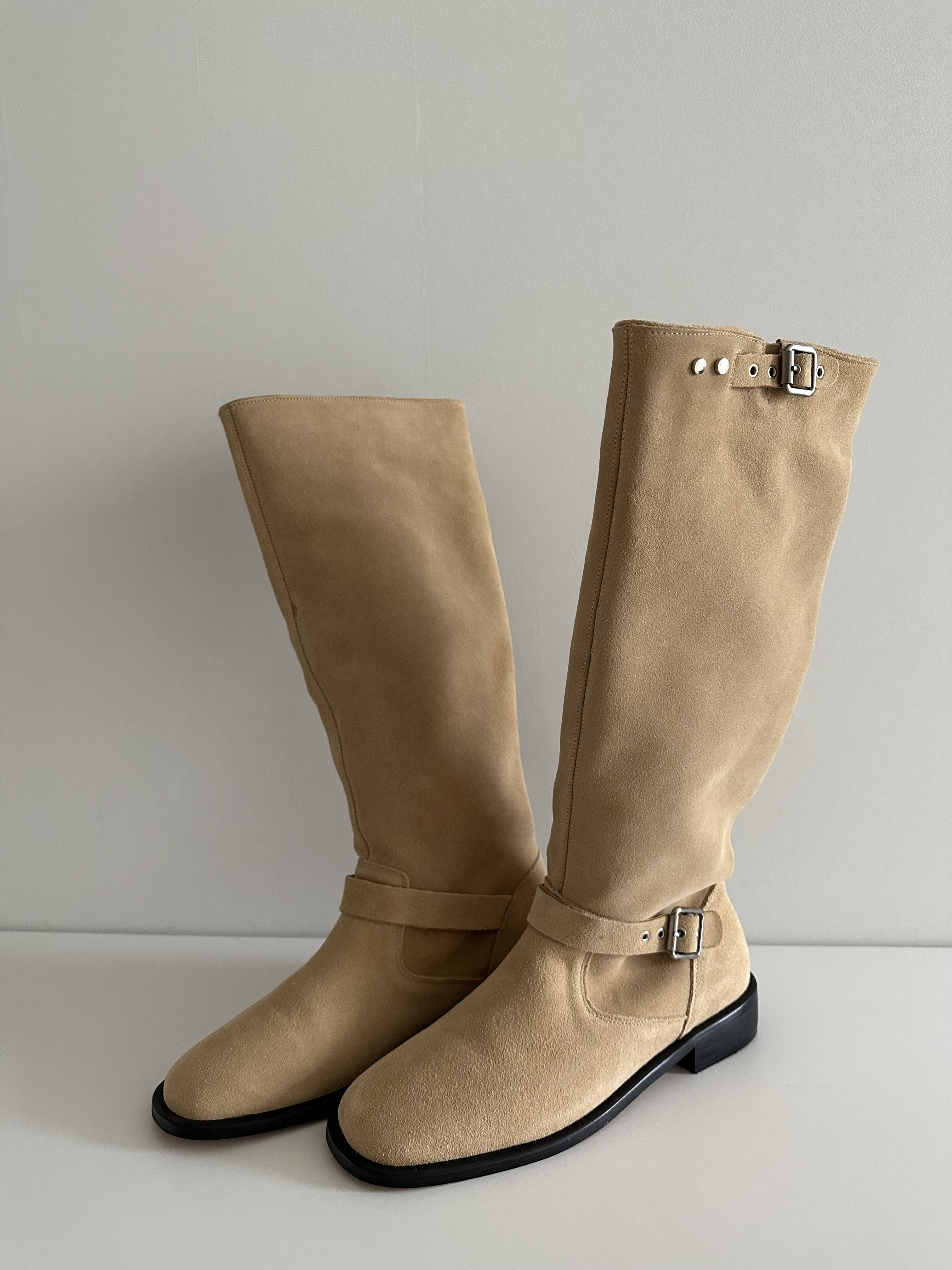 Butter Color Real Cowhide Suede Buckle Boots